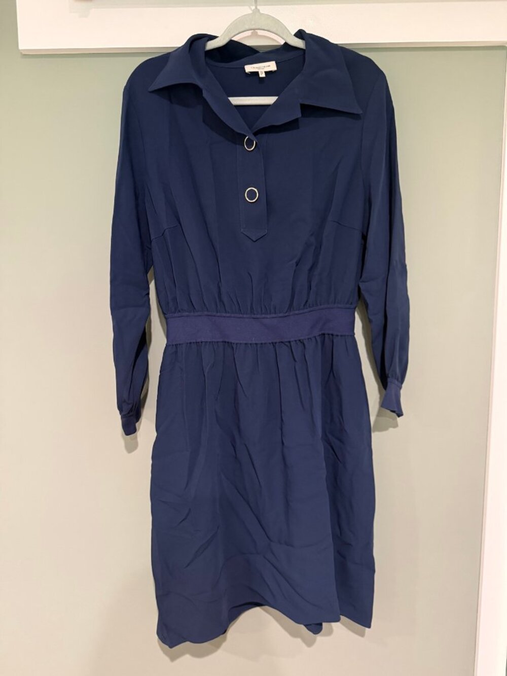 Lafayette 148 New York Navy Long Sleeve Shirtdress Gold Ring Buttons XL